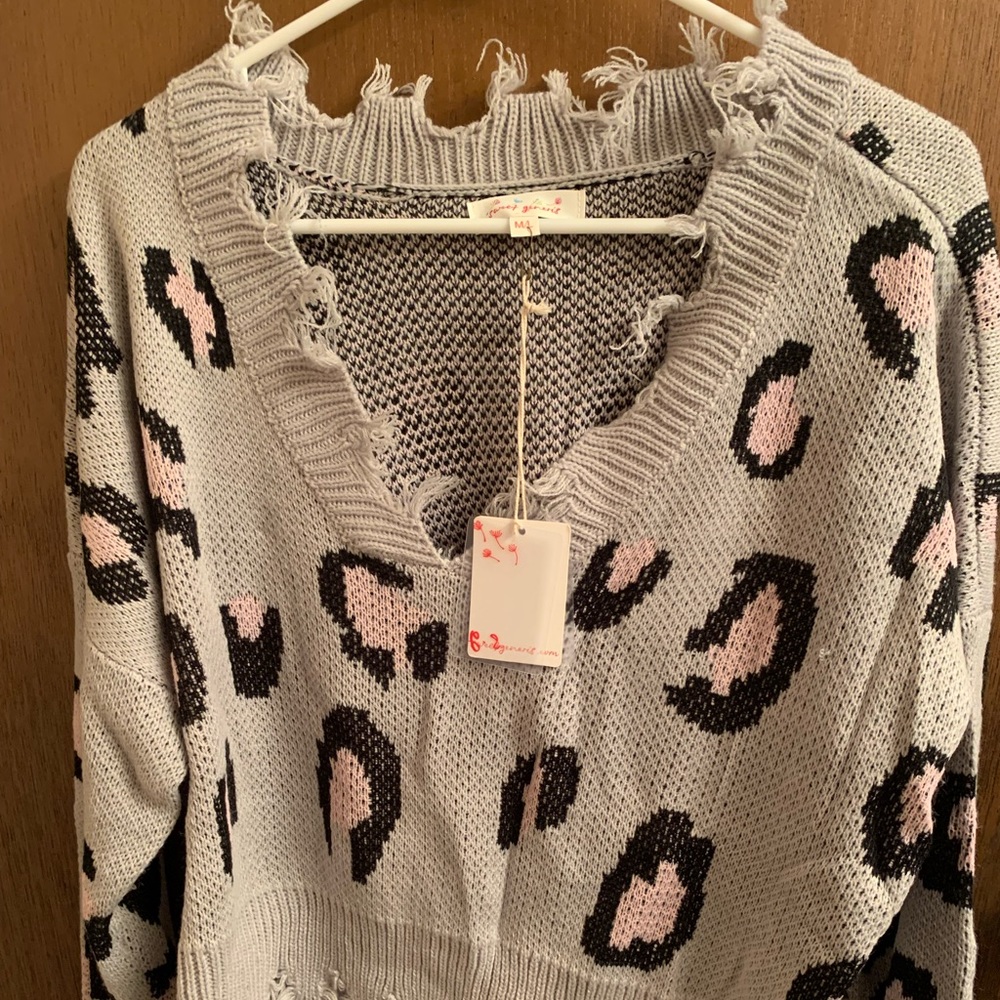 Grey Leopard distressed sweater